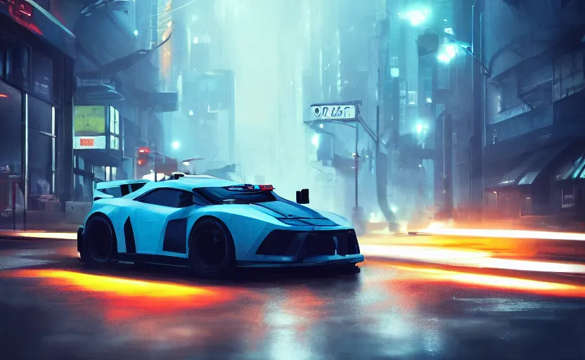 Prompt: a sport vehicle in the streets at night whit blue headlights on by Khyzyl Saleem, night time, heavy storm, atmospheric, artstaion, concept art, illustration, sharp focus, high detail, octane render, cyberpunk, game