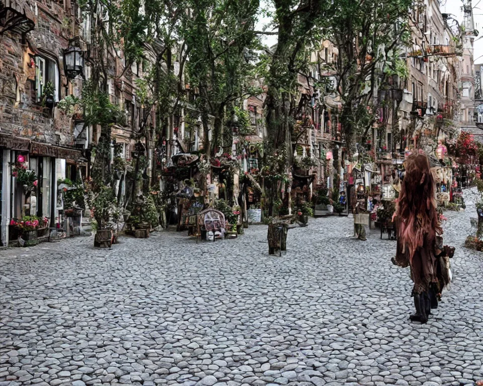 Image similar to cobblestone streets filled with fae, cobblestone, faerie, fanciful