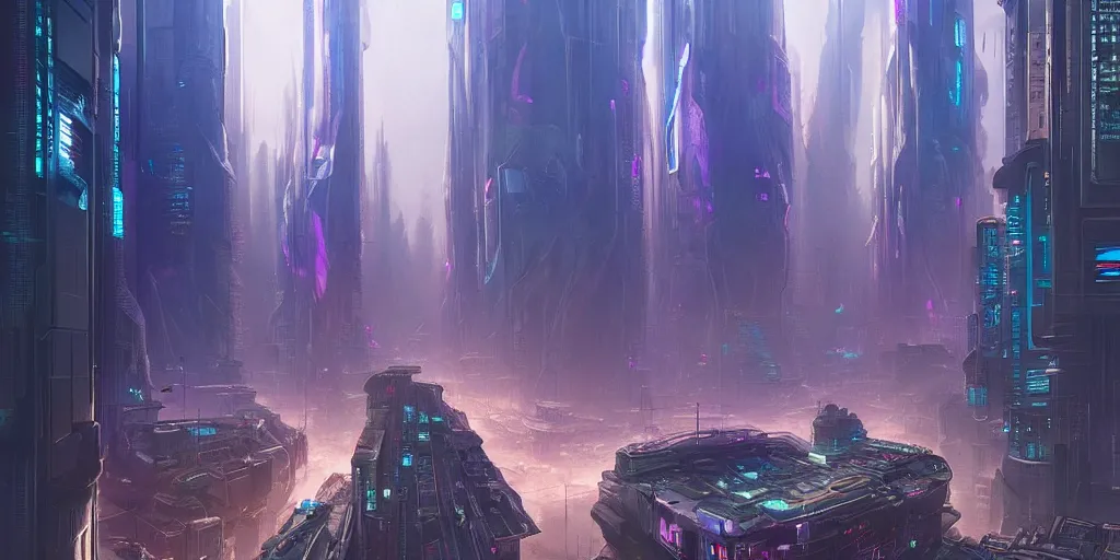 Prompt: a cyberpunk city in utopian future, by alex grey and greg rutkowski, trending on artstation, concept art, hyperdetailed
