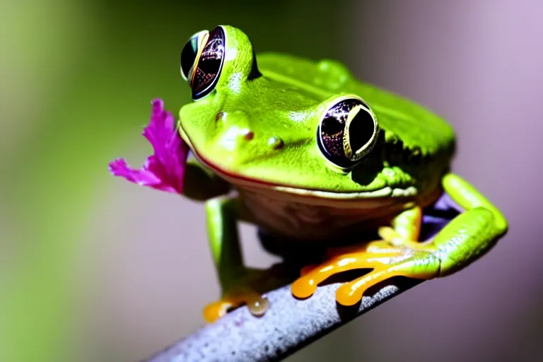 Image similar to the very tip of a frog's tongue is touching a fly