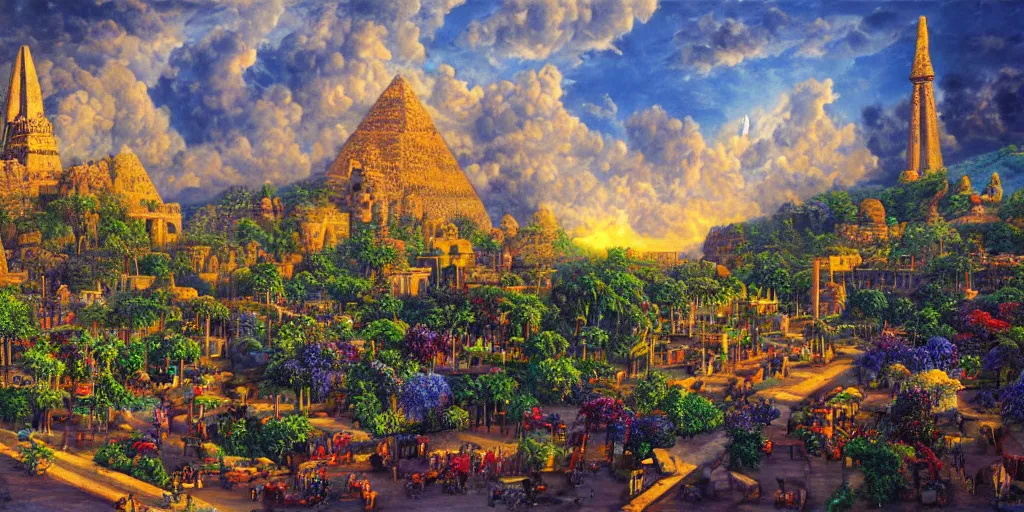 Image similar to fantasy oil painting, regale, refined, fortress mega structure city, luxor, argos, indore, ellora, hybrid, looming, small buildings, warm lighting, street view, overlooking, epic, lush plants flowers, rainforest mountains, bright clouds, luminous sky, outer worlds, cinematic lighting, michael cheval, michael whelan, oil painting, natural tpose