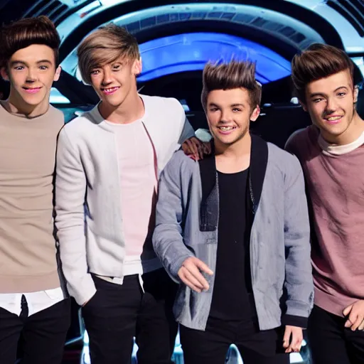Prompt: the cast of one direction manning the slight deck of the starship enterprise, sixities television