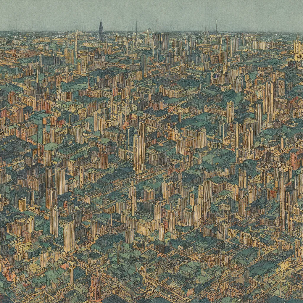 Image similar to highly detailed illustration of the milwaukee skyline, by edmund dulac and android jones, scans from museum collection