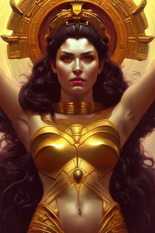 Prompt: The Godess Hera looking angry, portrait, highly detailed, digital painting, artstation, concept art, smooth, detailed armor, sharp focus, beautiful face, symmetric face, cinematic, videogame cover art, illustration, art by Artgerm and Greg Rutkowski and Alphonse Mucha