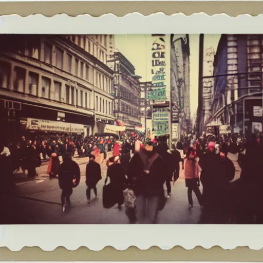 Prompt: wide - shot low angle of people in the busy street, polaroid photo, by andy warhol