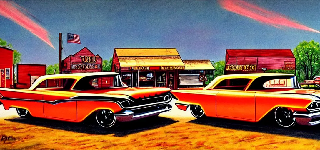 Image similar to concept art of hotrods in a small rural town in middle America in the 1960s, detailed, Americana, golden hour