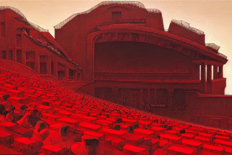 Image similar to only with red, a red great emperor, taormina amphitheatre, expressive crowd with big smile, in the style of beksinski, parts by edward hopper, parts by rodcenko, parts by yue minjun, intricate and epic composition, red by caravaggio, insanely quality, highly detailed, masterpiece, red light, artstation, 4 k