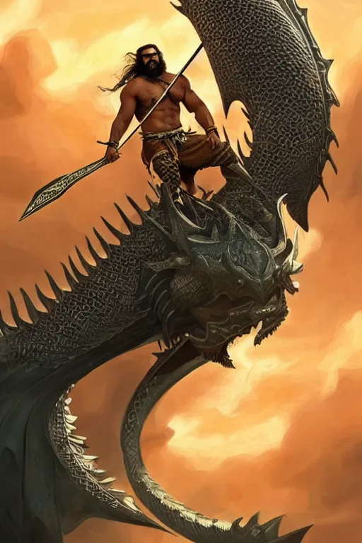 Image similar to powerful khal drogo ( jason momoa ) riding a flying dragon, intricate art deco dragon, elegant, highly detailed burning background, sword, sharp focus, game of thrones art by artgerm and beeple and greg rutkowski and wlop