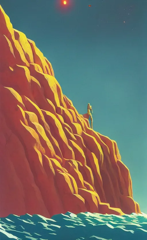 Image similar to a cliff at the end of the world, visible planets, space age, very coherent, painted by Edward Hopper, Wayne Barlowe, painted by James Gilleard, airbrush, art by JamesJean