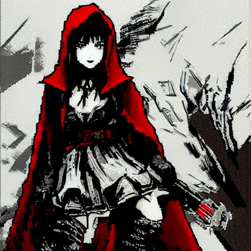 Image similar to evil little red riding hood, yoji shinkawa, pixel art