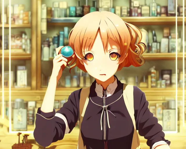 Prompt: anime visual, portrait of a young female traveler in a alchemist's potion shop interior, cute face by katsura masakazu and yoh yoshinari,, cinematic luts, cold studio lighting, dynamic pose, dynamic perspective, strong silhouette, anime cels, ilya kuvshinov, cel shaded, crisp and sharp, rounded eyes, moody