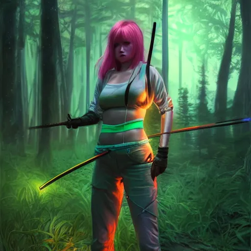 Image similar to woman with neon katana in a forest at night, highly detailed, professional digital painting, Unreal Engine 5, Photorealism, HD quality, 8k resolution, cinema 4d, 3D, cinematic, professional photography, art by artgerm and greg rutkowski and alphonse mucha and loish and WLOP