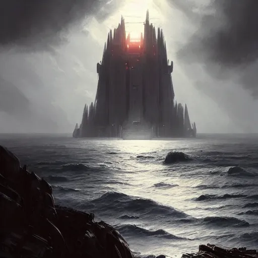 Image similar to star wars concept art by greg rutkowski, a palatial and imposing grey wide tower emerging from the sea in the middle of a ocean landscape, enigmatic atmosphere, beautiful and cinematic lighting, artstation hq.