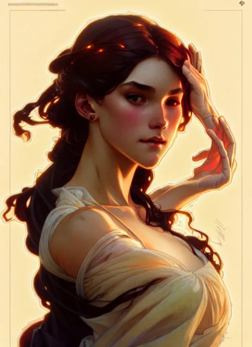Prompt: dainty wilder face, incredibly detailed face, pretty face, light dress, true anatomy, art by artgerm and greg rutkowski and alphonse mucha