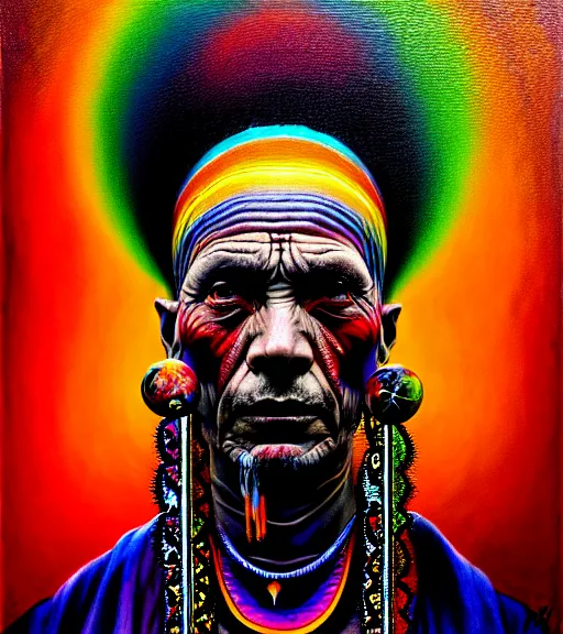 Image similar to Portrait painting in a style of Beksinski mixed with Alex Grey of an old shaman dressed in a colorful traditional clothes.