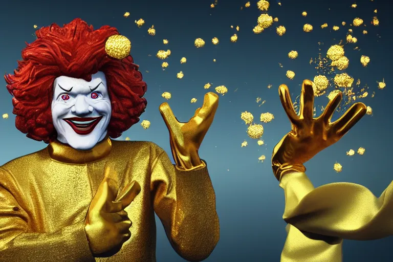 Image similar to a still of ronald mcdonald surrounded by gold and diamonds, award - winning, photograph, 3 d render, unreal engine, 4 k detailed