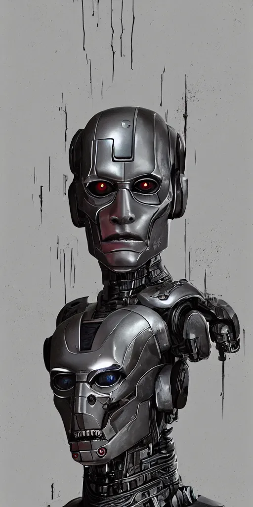 Image similar to portrait of willem dafoe as tinman, cyborg, borg, android, strogg, face of a man, body of a robot, droid, robocop, cable, victor stone, ultron, terminator, machine, flesh, quake, doom demon, wolfenstein, monster, symmetry, symmetrical, concept art by ruan jia and greg rutkowski