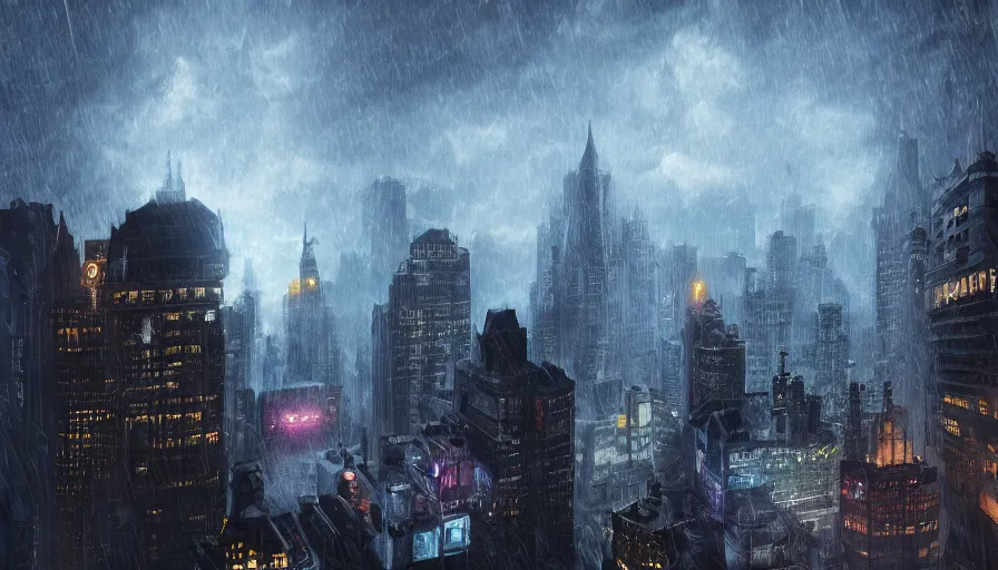 Prompt: Digital painting of Gotham City with Batman on a rooftop during a thunderstorm, wide angle, volumetric light, hyperdetailed, artstation, cgsociety, 8k