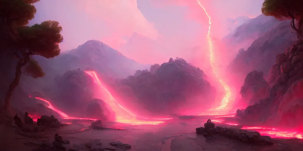 Prompt: a pink volcano flowing through the streets of a ancient greek city, extremely detailed digital painting, in the style of fenghua zhong and ruan jia and jeremy lipking and peter mohrbacher, mystical colors, rim light, beautiful lighting, 8 k, stunning scene, raytracing, octane, trending on artstation