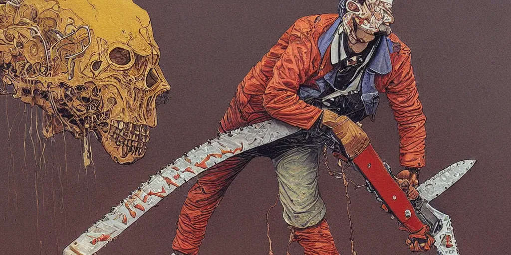 Image similar to Highly detailed painting of a chainsaw man by moebius