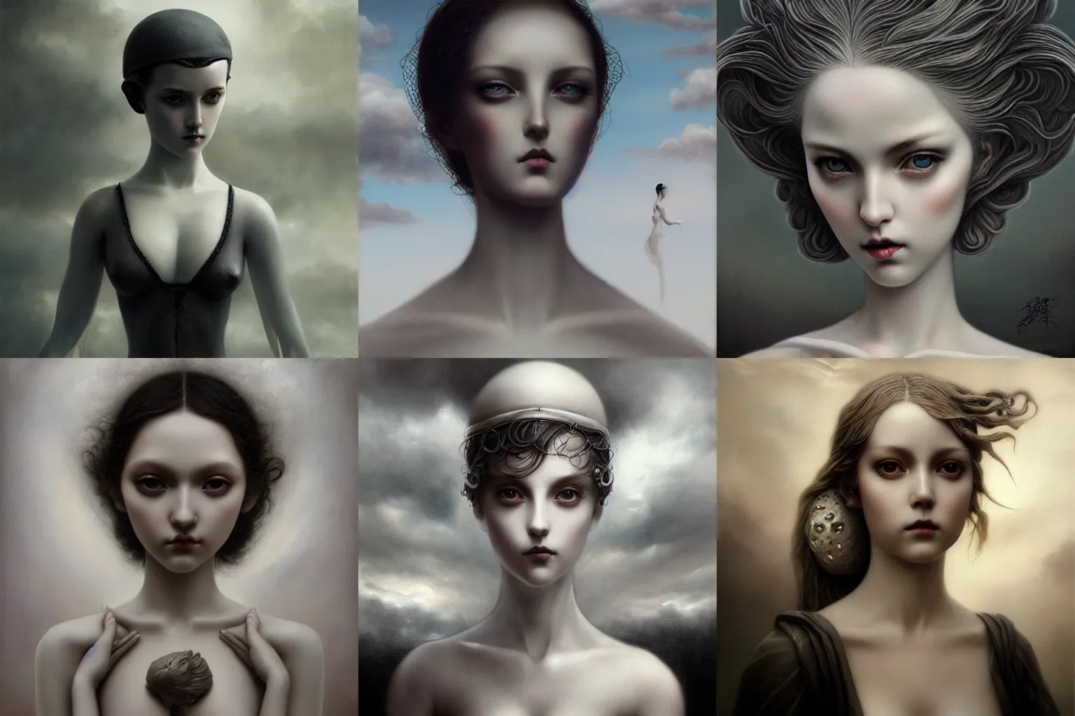 Prompt: By Tom Bagshaw, ultra realist soft painting of an anime porcelain miniature fully dressed figurine, curiosities, symmetry accurate features, very intricate details, ominous sky, black and white, volumetric light clouds
