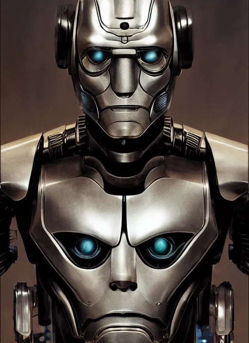 Image similar to portrait of willem dafoe as tinman, cyborg, borg, android, strogg, face of a man, body of a robot, droid, robocop, cable, victor stone, ultron, terminator, machine, flesh, quake, doom demon, wolfenstein, monster, symmetry, symmetrical, concept art by ruan jia and greg rutkowski