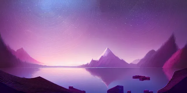 Image similar to abstract hexagonal cubes all interconnected to each other in a block chain, atmospheric lighting, intricate, volumetric lighting, beautiful, sharp focus, ultra detailed, in the art style of bowater charlie, brom gerald, lake baikal in the background, astrophotography