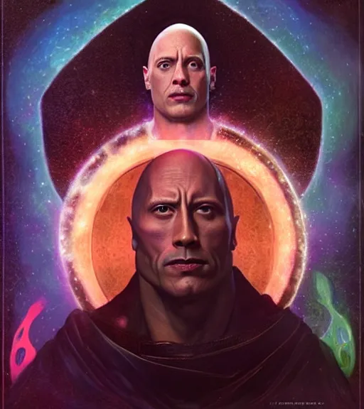 Image similar to A Magical Portrait of Dwayne Johnson as Aleister Crowley the Great Mage of Thelema, art by Tom Bagshaw and Wayne Barlowe and John Jude Palencar