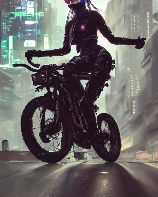 Image similar to girl wearing cyberpunk intricate streetwear riding bike, respirator, detailed portrait, cell shaded, 4 k, concept art, by wlop, ilya kuvshinov, artgerm, krenz cushart, greg rutkowski, pixiv. cinematic dramatic atmosphere, sharp focus, volumetric lighting, cinematic lighting, studio quality