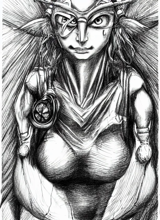 Image similar to line art pencil drawing of medieval half insect half woman chimera, very exaggerated fisheye perspective, art by shinichi sakamoto and kentaro miura