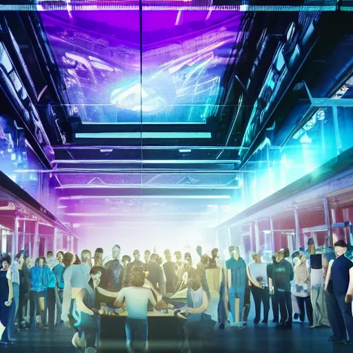 Image similar to large group people in a huge warehouse, looking at hologram of futuristic city on a table | cinematic concept art | sunlight godrays | 4 k | clear details | tabletop model | tabletop model | hologram foreground