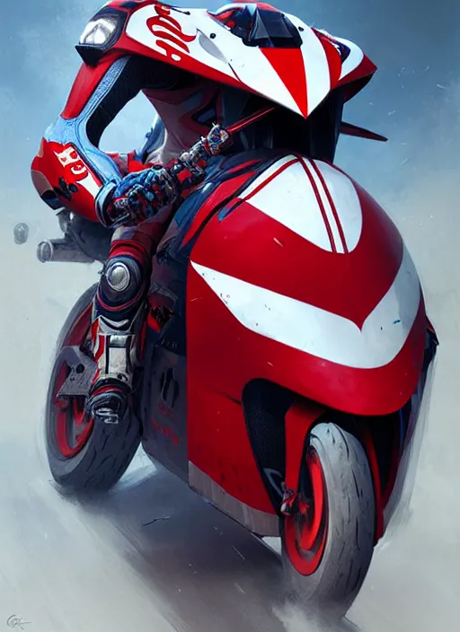Prompt: portrait epic armored motogp bike with red blu and white accent. highly detailed, digital painting, concept art, smooth, sharp focus, illustration, art by greg rutkowski