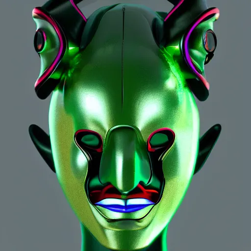 Prompt: futuristic cybernetic geisha mask made of malachite, studio lighting, cinema 4 d, trending on artstation