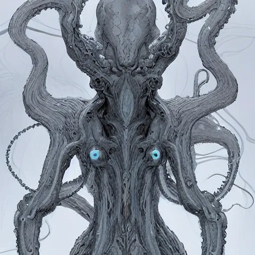 Image similar to concept designs for an ethereal wraith like figure with a squid like parasite latched onto its head and long tentacle arms that flow lazily but gracefully at its sides like a cloak while it floats around a forgotten kingdom in the snow searching for lost souls and that hides amongst the shadows in the trees, this character has hydrokinesis and electrokinesis for the resident evil village video game franchise with inspiration from the franchise Bloodborne and the mind flayer from stranger things on netflix