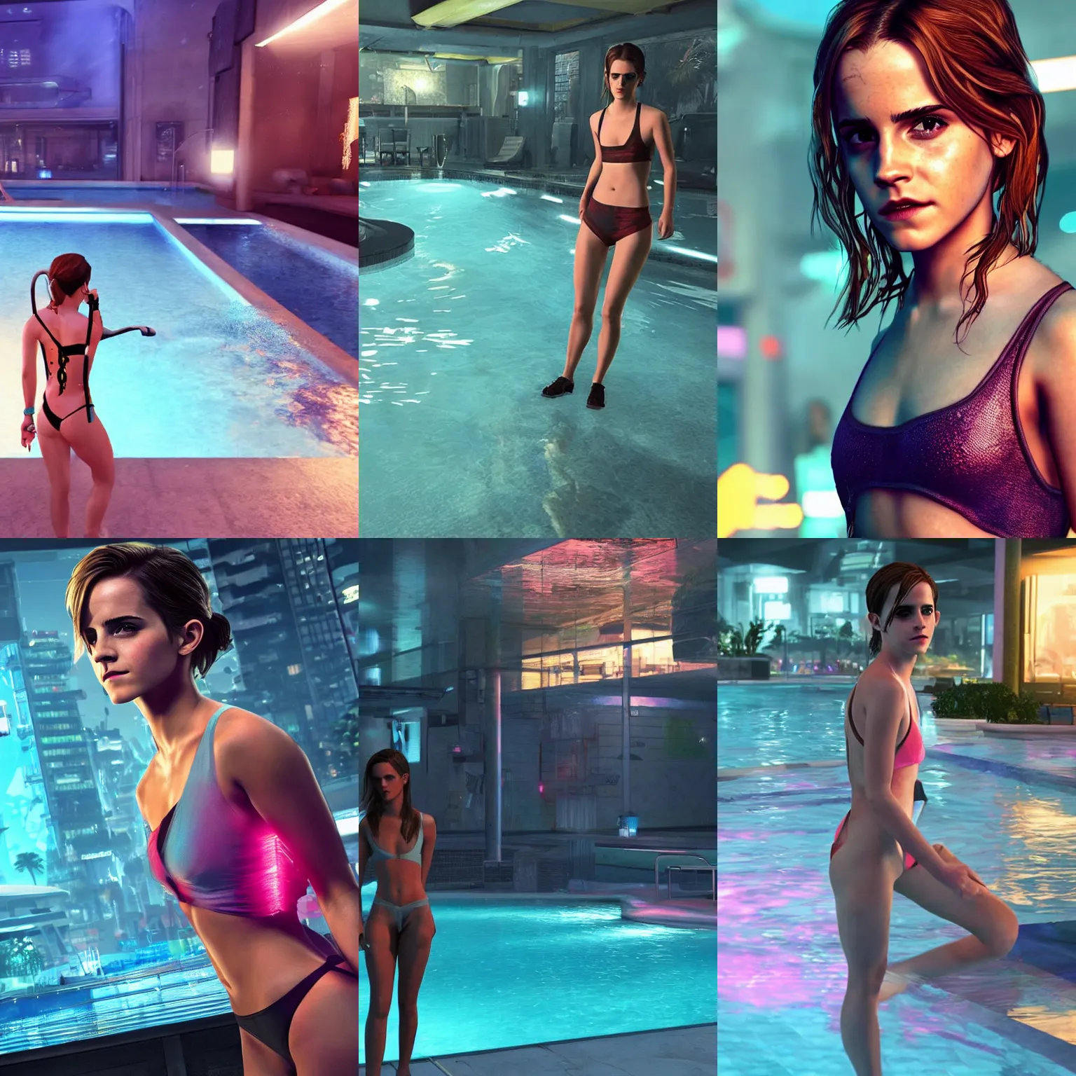 Prompt: Emma Watson in a modern indoors pool party with cyberpunk illumination at night . GTA V In game render.