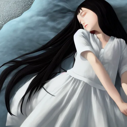 Image similar to little girl with an long black hair dressed in a simple white dress sleeping, anime art style, digital art ilya kuvshinov, inspired by balthus, hd, 4 k, hyper detailed, top view, dark