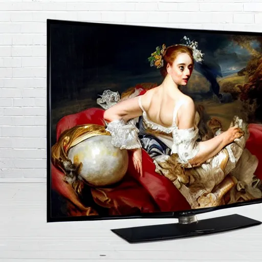 Image similar to heavenly summer sharp land sphere scallop well dressed lady watching netflix on flat screen tv, auslese, by peter paul rubens and eugene delacroix and karol bak, hyperrealism, digital illustration, fauvist, watching netflix on a flat screen tv