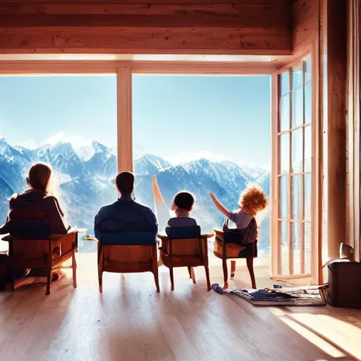 Image similar to a family sitting in a chair looking at the mountains, clear sky, cinematic lighting, beatiful house, river, 4k, HD