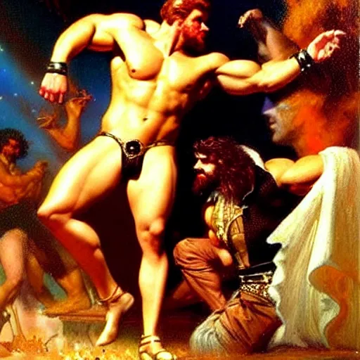 Image similar to muscular zeus wears leather at a dance club and falls in love with the handsome god jupiter, painting by gaston bussiere, craig mullins, j. c. leyendecker, tom of finland