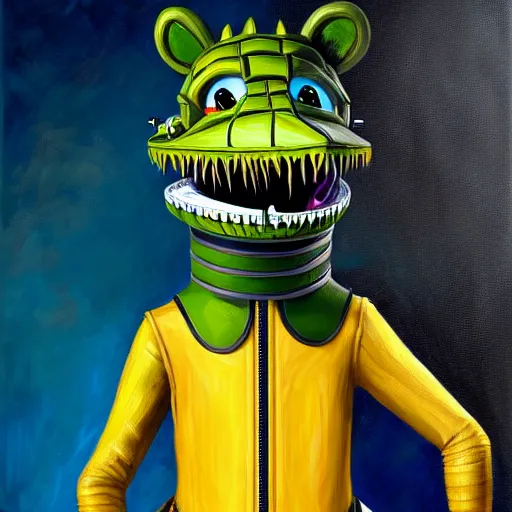 Image similar to an anthropomorphic male alligator fursona in fencing gear, furry art, oil on canvas, dramatic