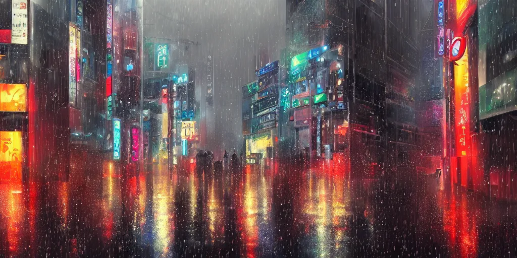 Image similar to digital painting, modern tokyo, raining, detailed lighting, high quality, sharp focus, intricate, artstation, 4k