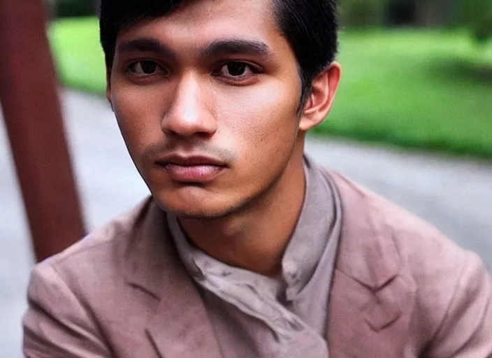 Image similar to outdoor very close candid color portrait of a very very very very extremely handsome!!! good looking young man in 2 0 2 2 his face looks very very extremely like jose rizal!!! hair like jose rizal, eyes like jose rizal!! very handsome and wearing modern clothes, photo taken in 2 0 2 2, 3 5 mm f 1. 4 digital color photography