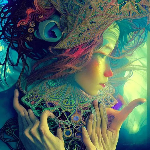 Image similar to An extremely colorful psychedelic experience, warping time and space, magic mushrooms, psilocybin, LSD, face, detailed, intricate, elegant, highly detailed, digital painting, artstation, concept art, smooth, sharp focus, illustration, art by Krenz Cushart and Artem Demura and alphonse mucha