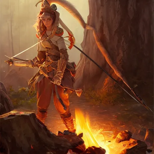 Image similar to An female elf ranger cooking a giant rat over a campfire, D&D, fantasy, intricate, highly detailed, oil painting, artstation, Greg Rutkowski, Artgerm, Alphonse Mucha, WLOP