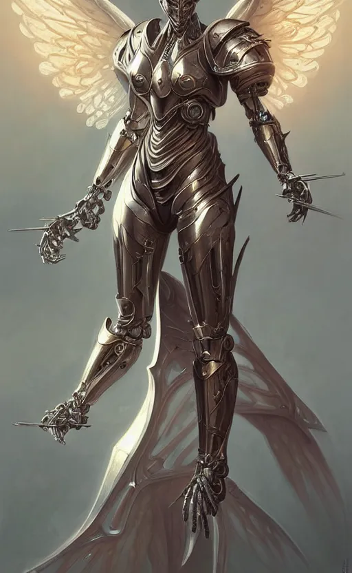 Image similar to Fantasy Concept character art of a angel female in biomechanical knight armor, sci-fi, highly detailed, digital painting, artstation, concept art, smooth, sharp focus, illustration, art by artgerm and greg rutkowski and alphonse mucha