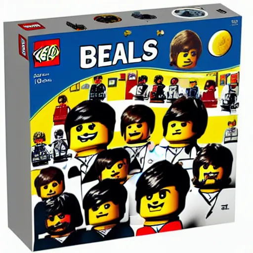 Image similar to Box art for a LEGO set of The Beatles