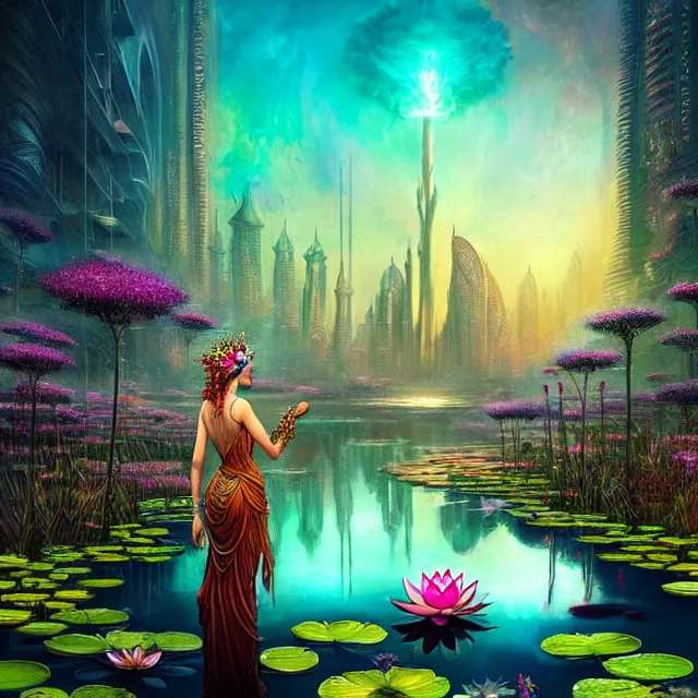 Prompt: Beautiful 3d render of the flower queen goddess near a pond full of lotus, atmospheric lighting, painted, intricate, volumetric lighting, beautiful, rich deep colours masterpiece, sharp focus, ultra detailed, in the art style of Dan Mumford and marc simonetti, with a clear crowded futuristic cyberpunk dubai city in the background, astrophotography