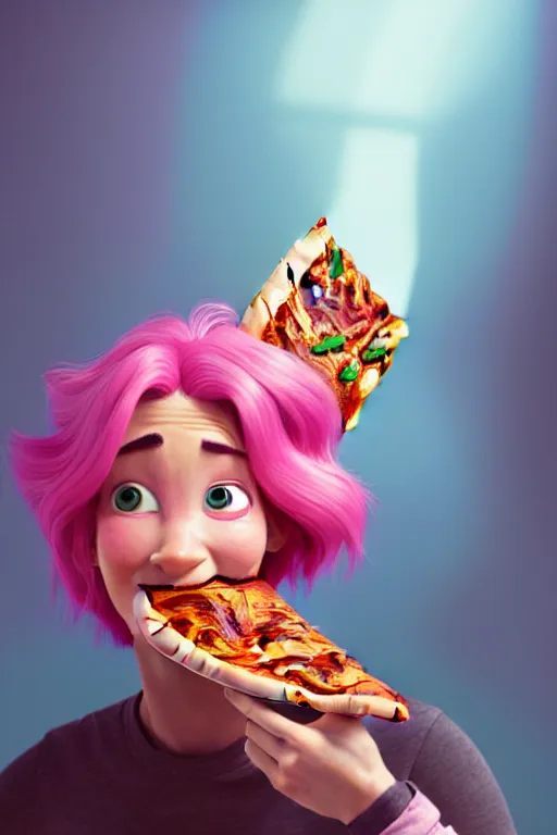 Image similar to pixar man with pink hair eating pizza | glamorous oily soft polished rich ornate modern | weta disney pixar movie still photo | hi - fructose, sci fi fantasy, smooth, octane render, sharp focus, artstation, concept art | artgerm, mucha, rutkowski, feng zhu, wlop, loish