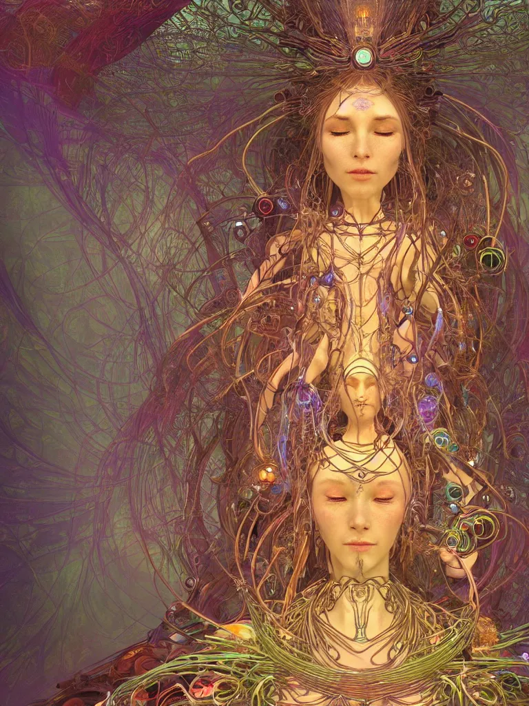 Image similar to an ancient mystical alluring female shaman generating flowing energy and surrounded by wisps of incense smoke sits meditating in a magical cybernetic robot temple , face face face, by android jones and brian froud and alphonse mucha, 3d, cinema 4d render