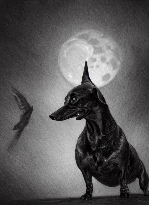 Image similar to a dachshund with angle wings, dark colors, moon in the background, sinister atmosphere, dramatic lighting, cinematic, establishing shot, extremely high detail, photo realistic, cinematic lighting, pen and ink, intricate line drawings, by Yoshitaka Amano, Ruan Jia, Kentaro Miura, Artgerm, post processed, concept art, artstation, matte painting, style by eddie mendoza, raphael lacoste, alex ross
